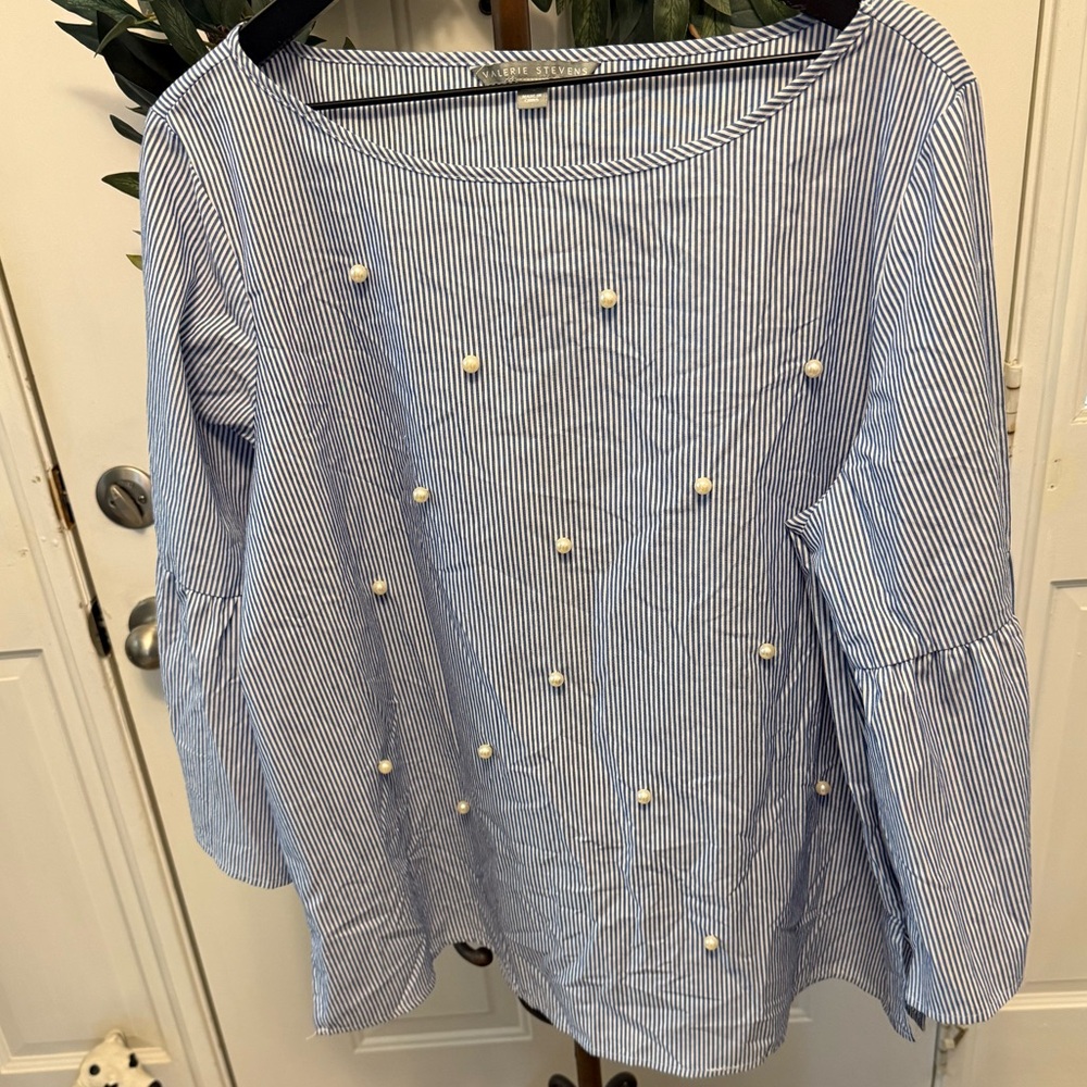 Valerie Stevens Pinstripe Pearl Bead Top Blouse with Bell Sleeves XL